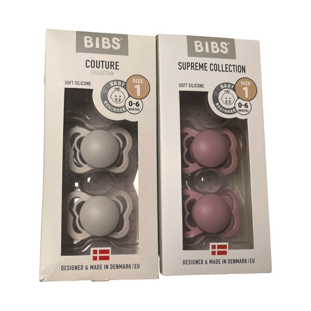 BIBS Soothers Size 1 Soft Silicone Pink Grey Neutral Supreme Couture Baby Infant